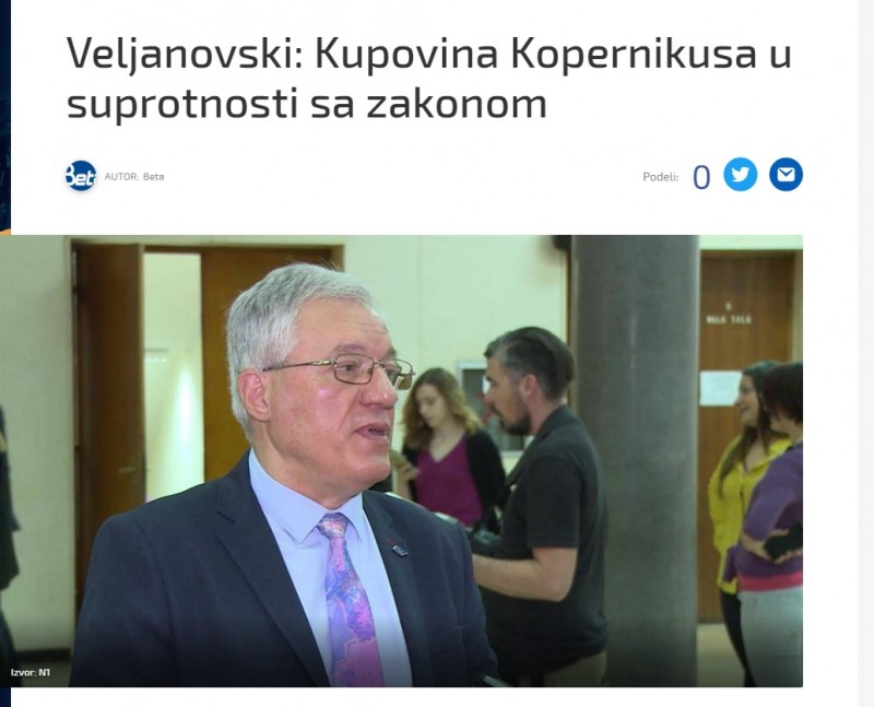 Pozivajući se na lažnu vest o kupovini Televizije Kopernikus od strane Telekoma, profesor Rade Veljanovski optužio je državu Srbiju i Telekom za navodno kršenje zakona i preuzimanje vlasništva u medijima. Veljanovski je svojevremeno bio jedan od najglasnijih zagovornika stava o neophodnosti izlaska države iz vlasništva u medijima. Zbog čega je za građane Srbije bilo bolje da mediji budu u vlasništvu tajkuna, umesto države, Veljanovski nikada nije objasnio